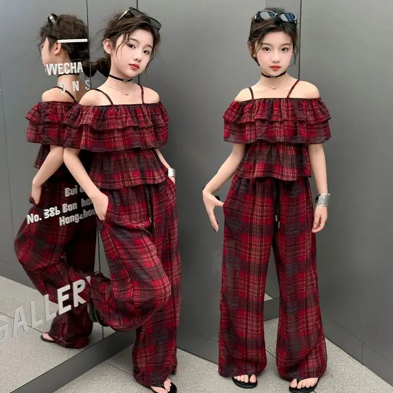 

Girls' summer outfit set new style mid to large children's stylish one shoulder top+wide leg pants two-piece set