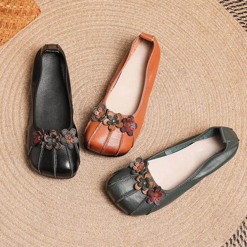 Vintage Woman Ballet Flats Women Genuine Leather Shallow Shoes Mom Driving Loafers Ladies Retro Handmade Floral Green Moccasins