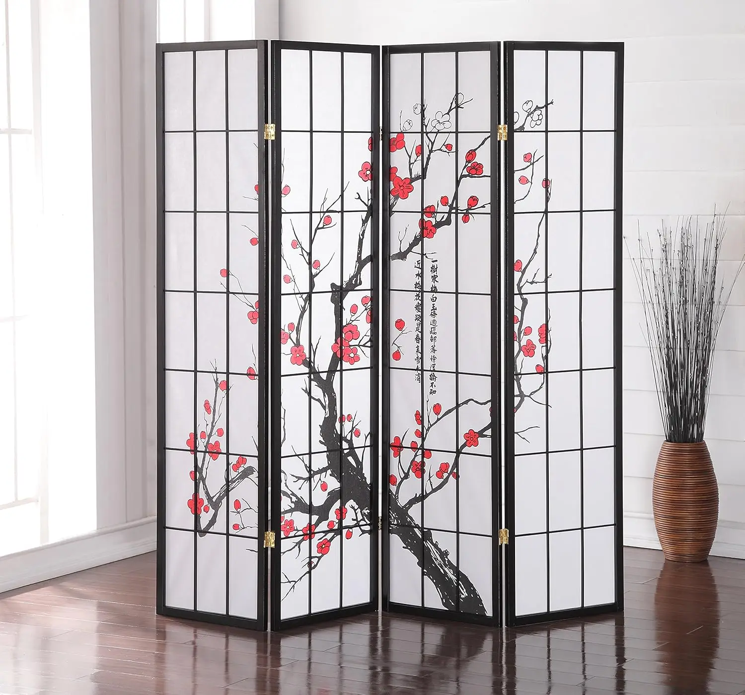 

Roundhill Furniture Black Japanese 4-Panel Screen Room Divider, Plum Blossom