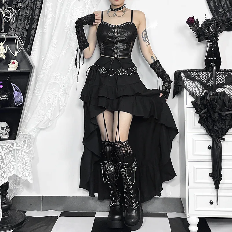 Gothic Women's Plaid Belt Dress - Long Sleeve Mid Length Irregular Skirt