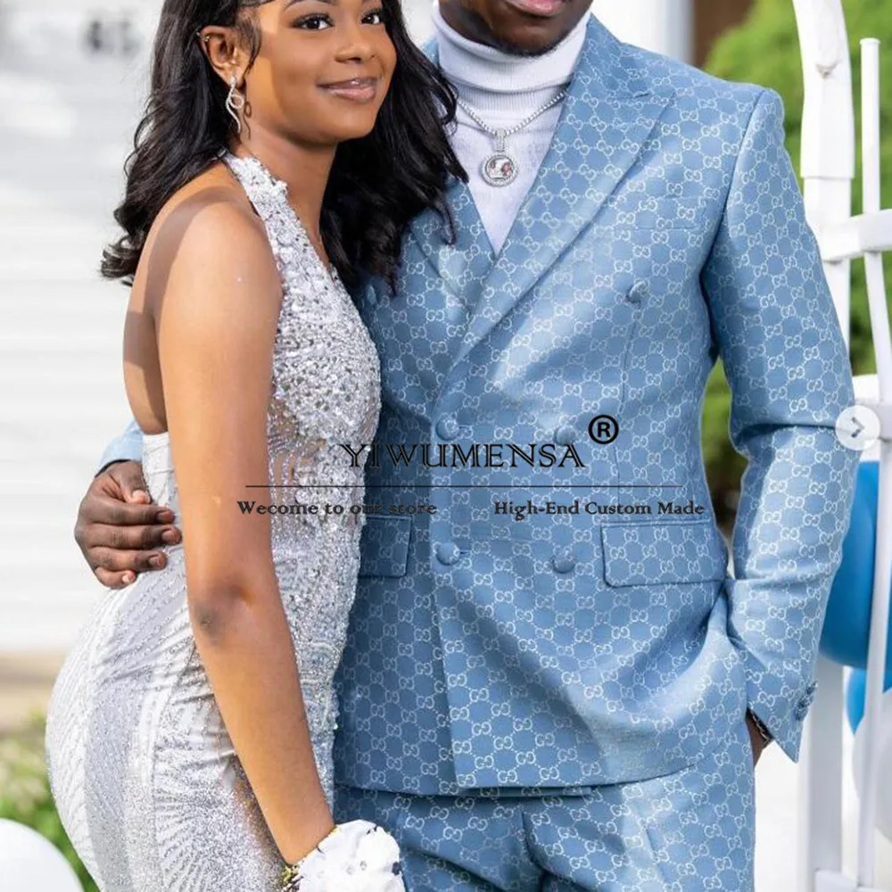 Esmoquin de mezclilla azul único para novio, chaqueta de doble botonadura, pantalones, trajes de 2 piezas para hombre, trajes a medida para Banquete de graduación, conjuntos de Blazers