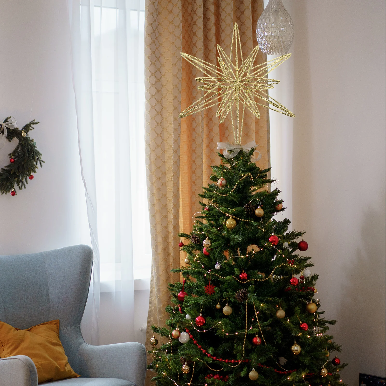 

Star Tree Topper Iron Glitter Sparkling Golden Metal Christmas Decoration Party Holiday Treetop Ornament 12.6 Tall