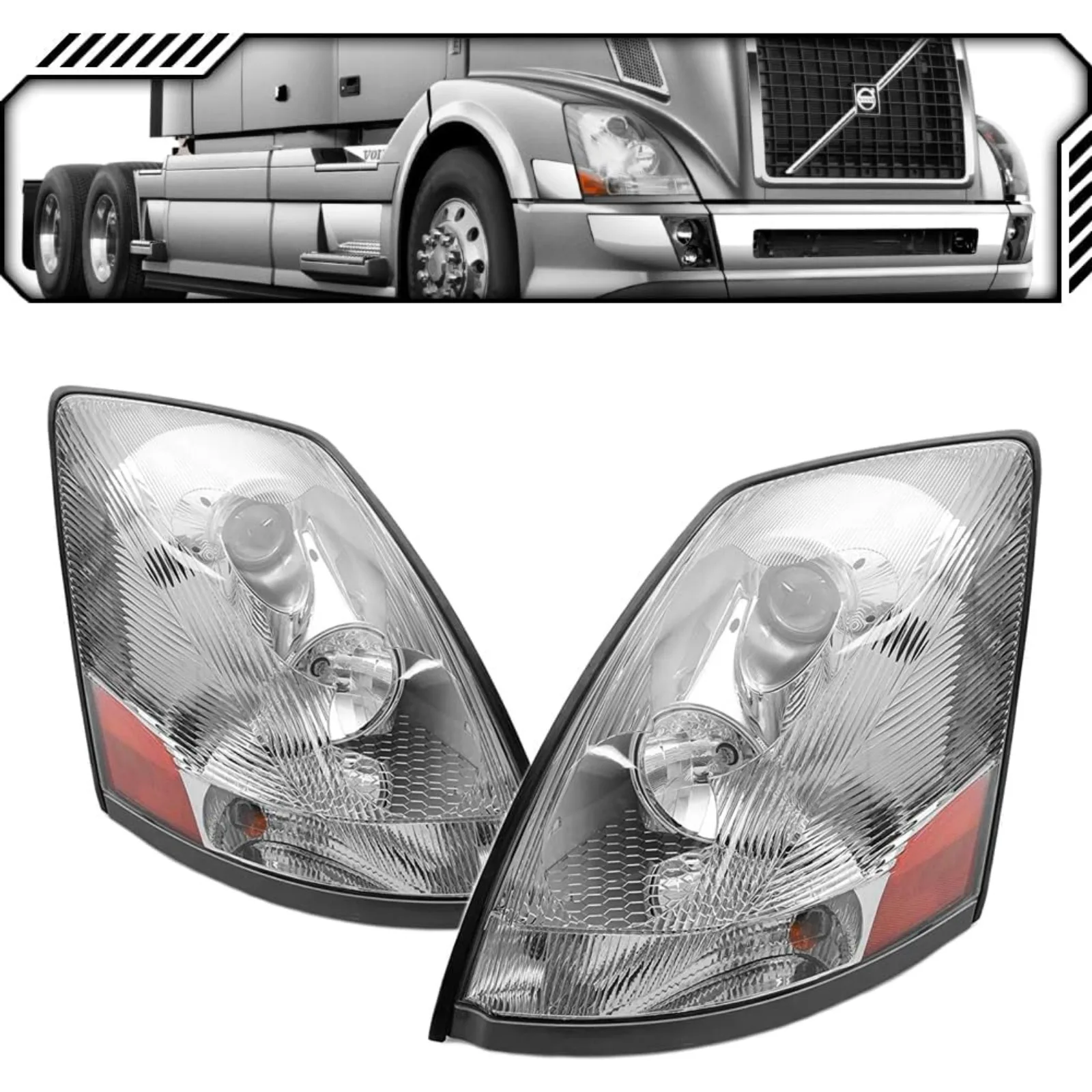 US  AMXOE Replacement Chrome Bezel Headlights Assembly Compatible with Volvo Semi Truck Heavy Duty 2004-2018 VNL 04-18 VNM