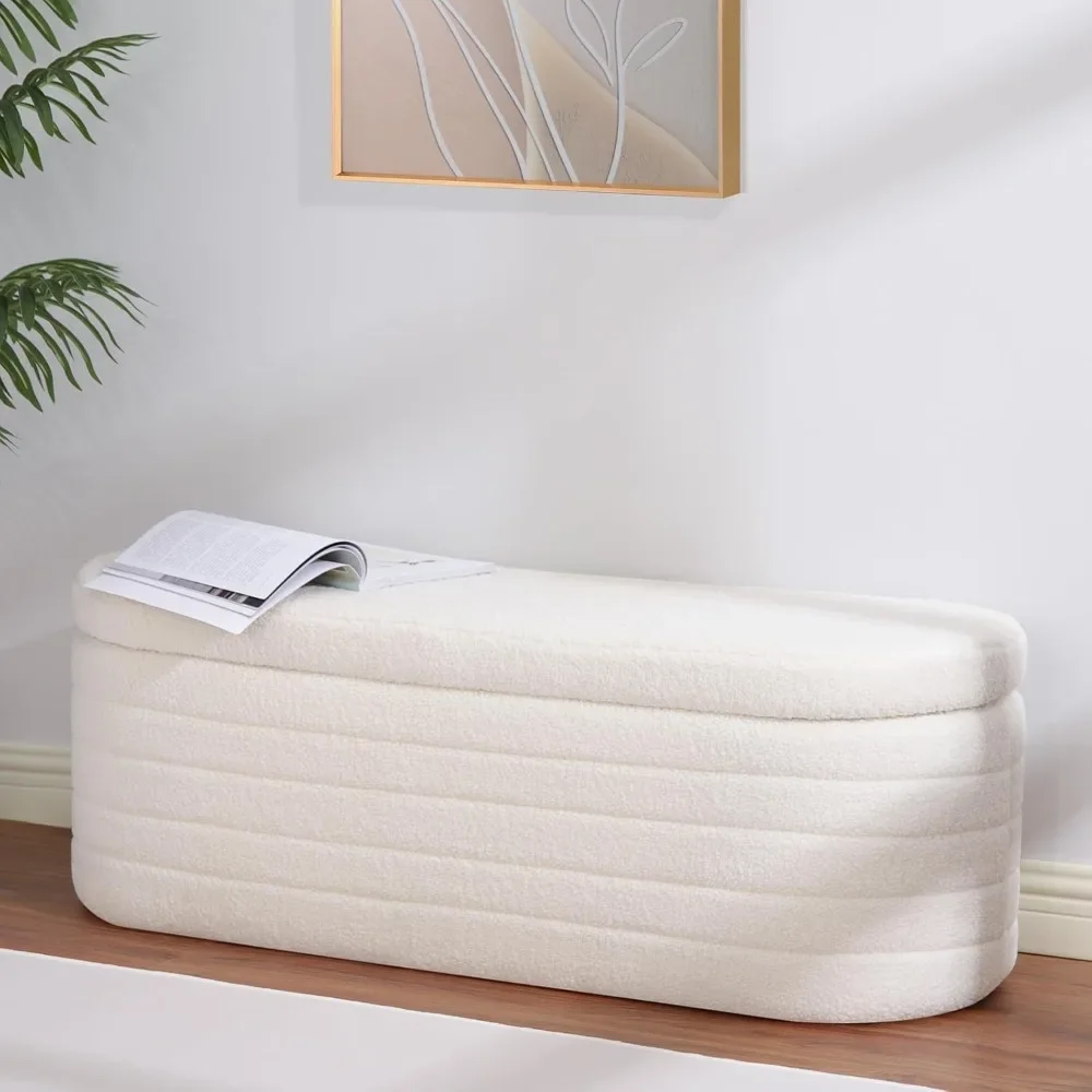 45.5" Teddy Sherpa Storage Ottoman Bench, Upholstered Fabric | Modern White Bedroom End-of-Bed Design with Safety Hinge