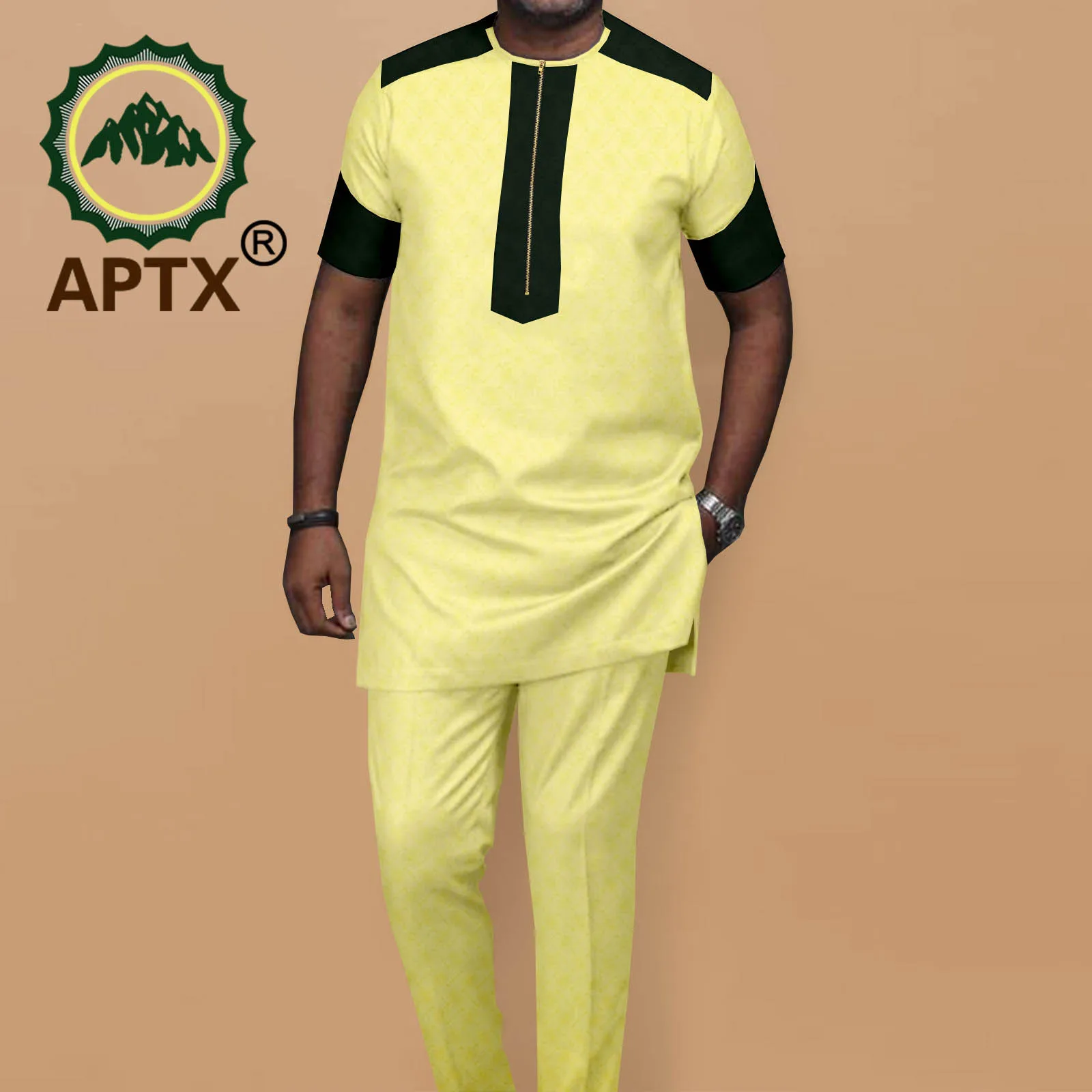 

APTX African Men's Set Short Sleeve O-Neck Top +Long Pants Two-Piece Summer Casual Sports Fashion Suit A2216041