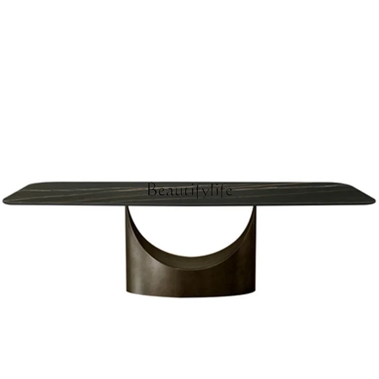 minimalist rock slab dining table U-shaped table rack light luxury household large rectangular yellow bronze dining table