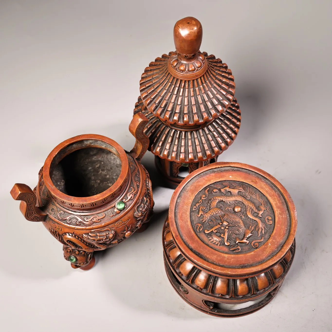 

14"Tibetan Temple Collection Old Bronze Mosaic Gem Two Dragon Pattern Buddha Pagoda Three Layer Incense Burner Ornaments