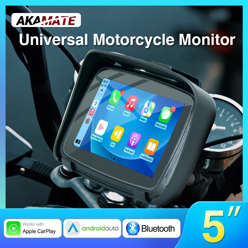 5inch Portable Motorcycle Monitor IPS Touch Screen Wireless CarPlay Android Auto GPS Navigation Bluetooth Support SD Card