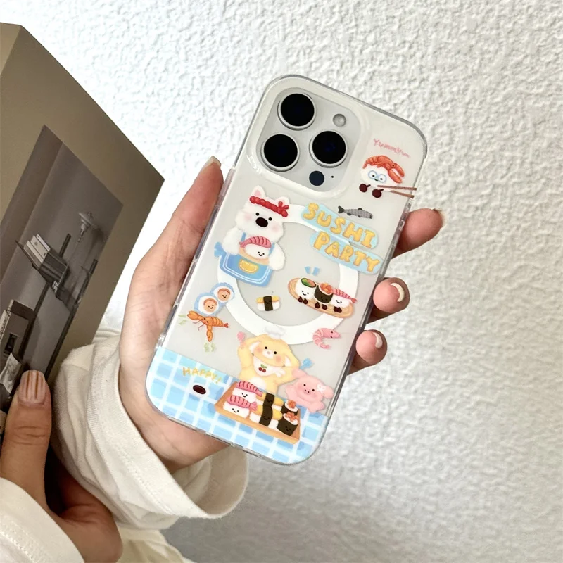 เคสโทรศัพท์แม่เหล็กแบบซูชิเกาหลีน่ารัก สำหรับ iPhone 17 Pro 14 15 16 Pro Max พร้อมขาตั้ง Magsafe เคสคาวาอี้ 17Pro Capa