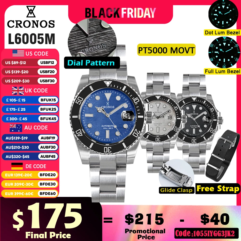 Cronos Sub Diver Men Watch Stainless Steel PT5000 Ceramic Bezel 200 meters Water Resistant Glideclasp L6005M Dial Patterm