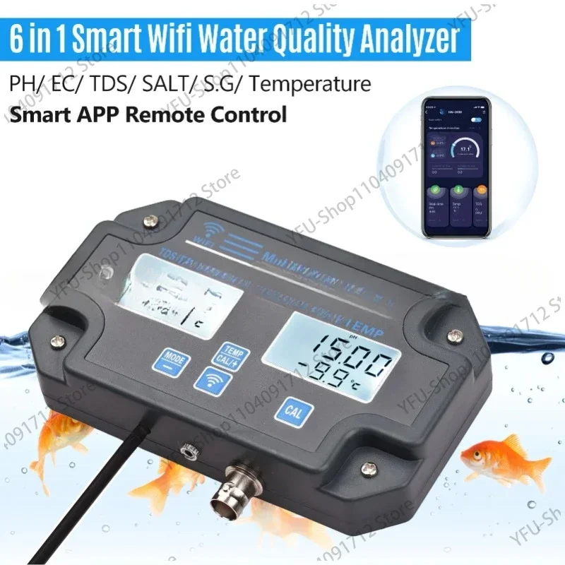 6 in 1 WIFI Water Quality Tester PH/ EC/ TDS/ SALT/ S.G/ Temperature Monitoring Digital Water Analyzer for Aquarium Hydroponics