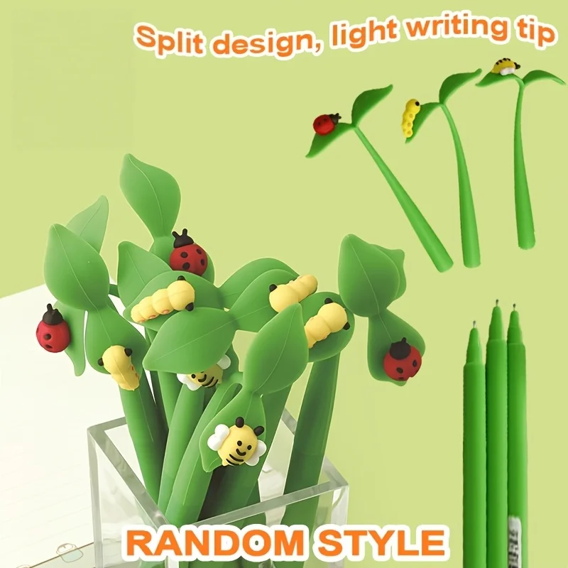 Insect Leaf Shaker Gel Pen Creative Green Leaf Insect Soft Rubber Tip 0.5 Black Ink Pen Student Fun Stationery Random Design
