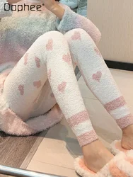 Corazón suave de cintura alta cálida lana color Coral pantalones para dormir 2024 Otoño Invierno Leggings pantalones de pijama para mujer ropa de dormir dulce