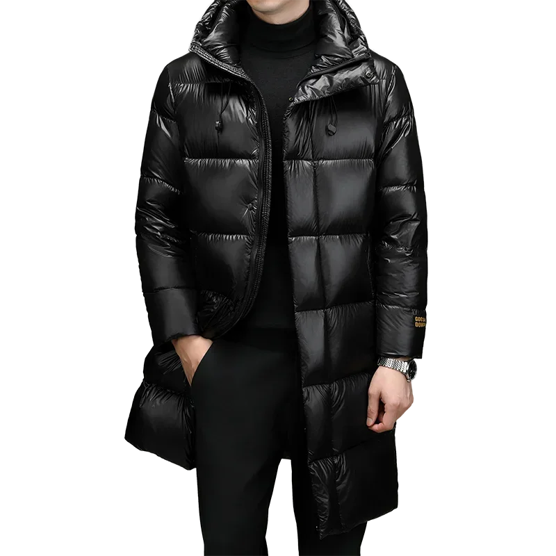 Chaqueta de plumón de ganso con capucha para hombre, abrigo de longitud media negro y dorado, ropa informal gruesa y cálida, Top impermeable Jack,