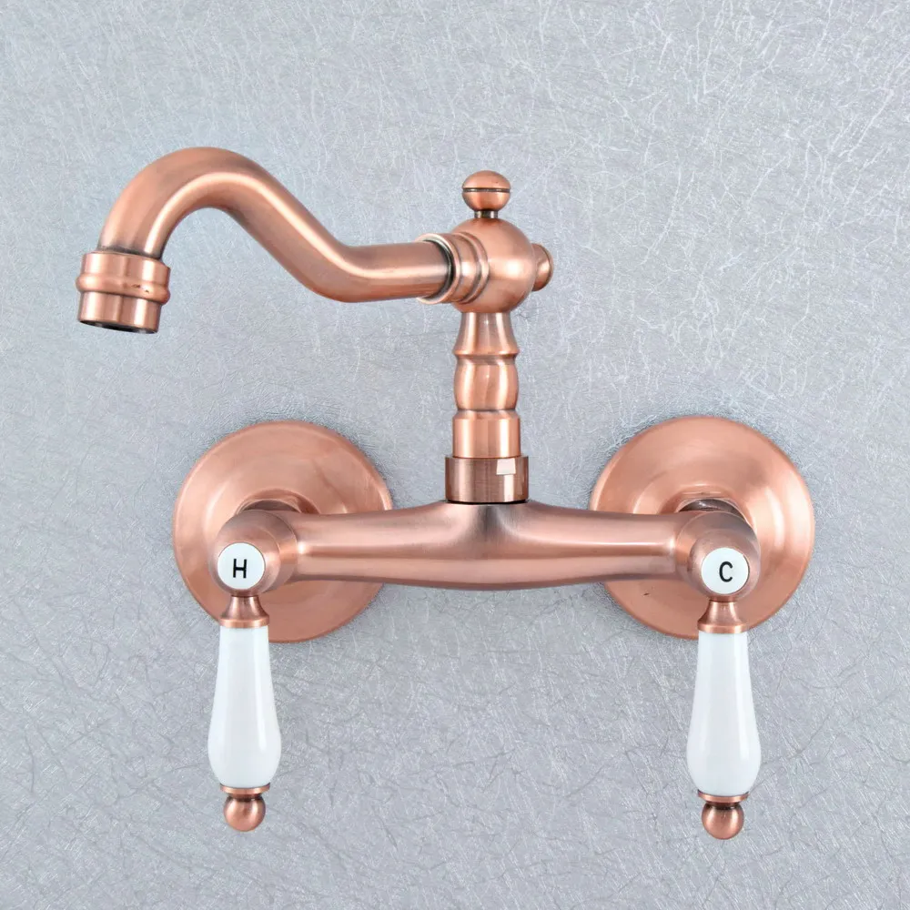 

Antique Red Copper Brass Two Ceramic Handles Wall Mounted Kitchen Bathroom Swivel Spout Faucet Mixer Tap asf899