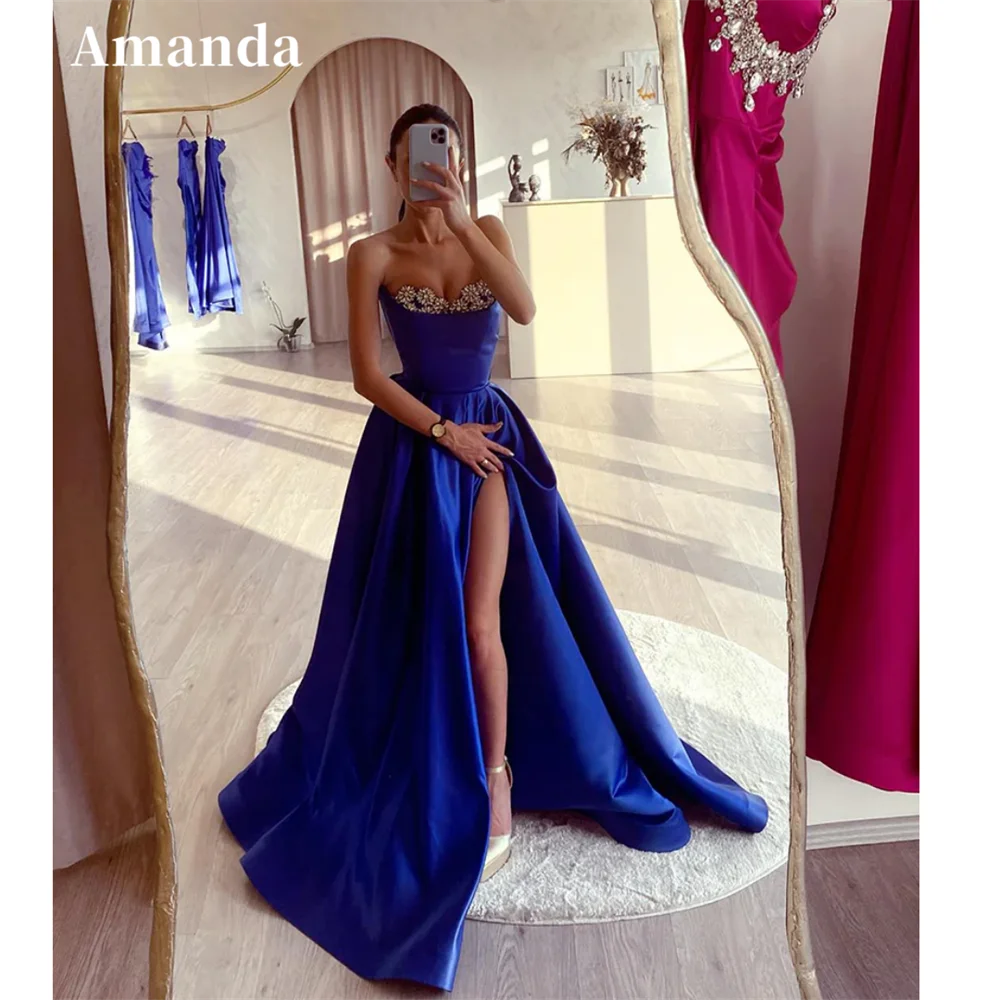 Amanda abiti da ballo blu scuro con spalle scoperte in raso vestidos de fiesta elegante senza maniche a-line Sexy Side High Split Party Dress