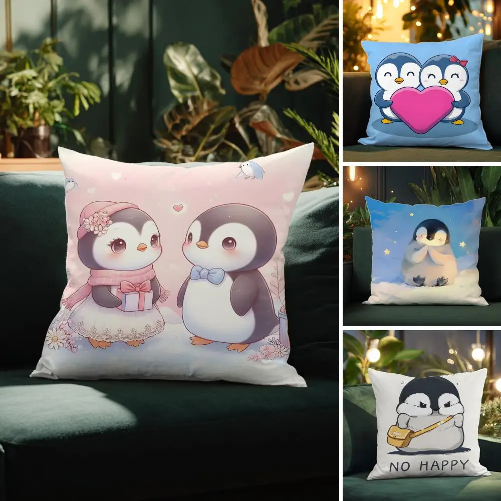 Funda de almohada con diseño de pingüino de dibujos animados, funda de almohada estampada para sala de estar, funda de cojín para sofá y decoración de dormitorio