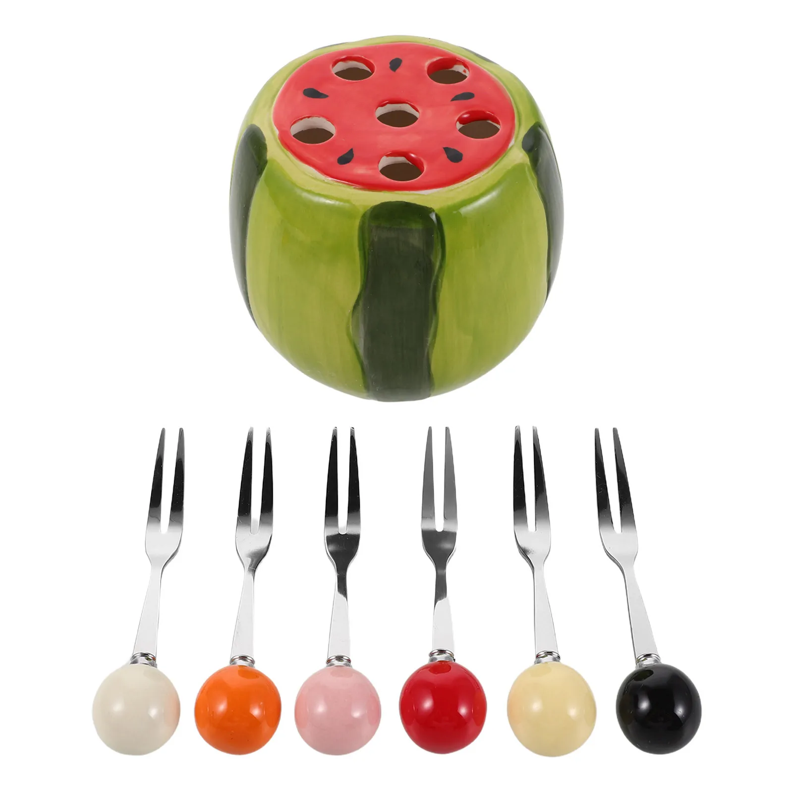 

1Set Fruit Fork Set Watermelon Shape Minimalist Storage Jar Kids Snack Forks for Dessert Cake Salad Cheese Watermelon Fork
