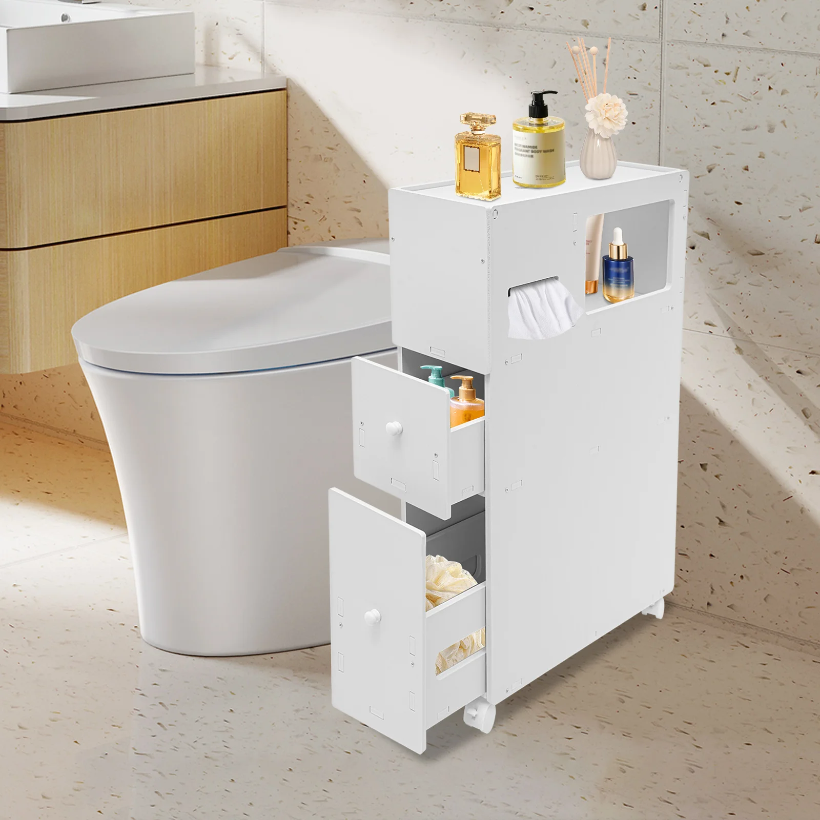 4-Layers White Bathroom Floor Cabinet Storage Organizer Narrow Cupboard Toilet Organizer W/ Wheels New