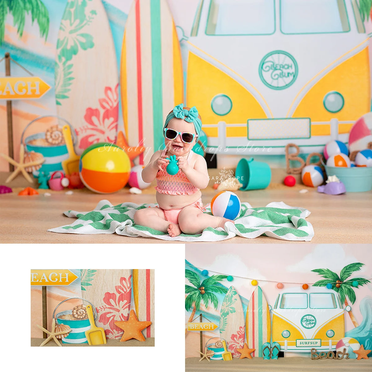 

Summer Surfin Backgrounds Cake Smash Kids Adult Photography Prop Child Baby Decor Touring Bus Beach Coconut Tree Photo Backdrop