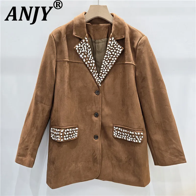 

ANJY Autumn Winter New Women HongKong Style Trend Faux Sueded Studded Diamonds Blazer Elegant Temperament High-End Jacket A15198