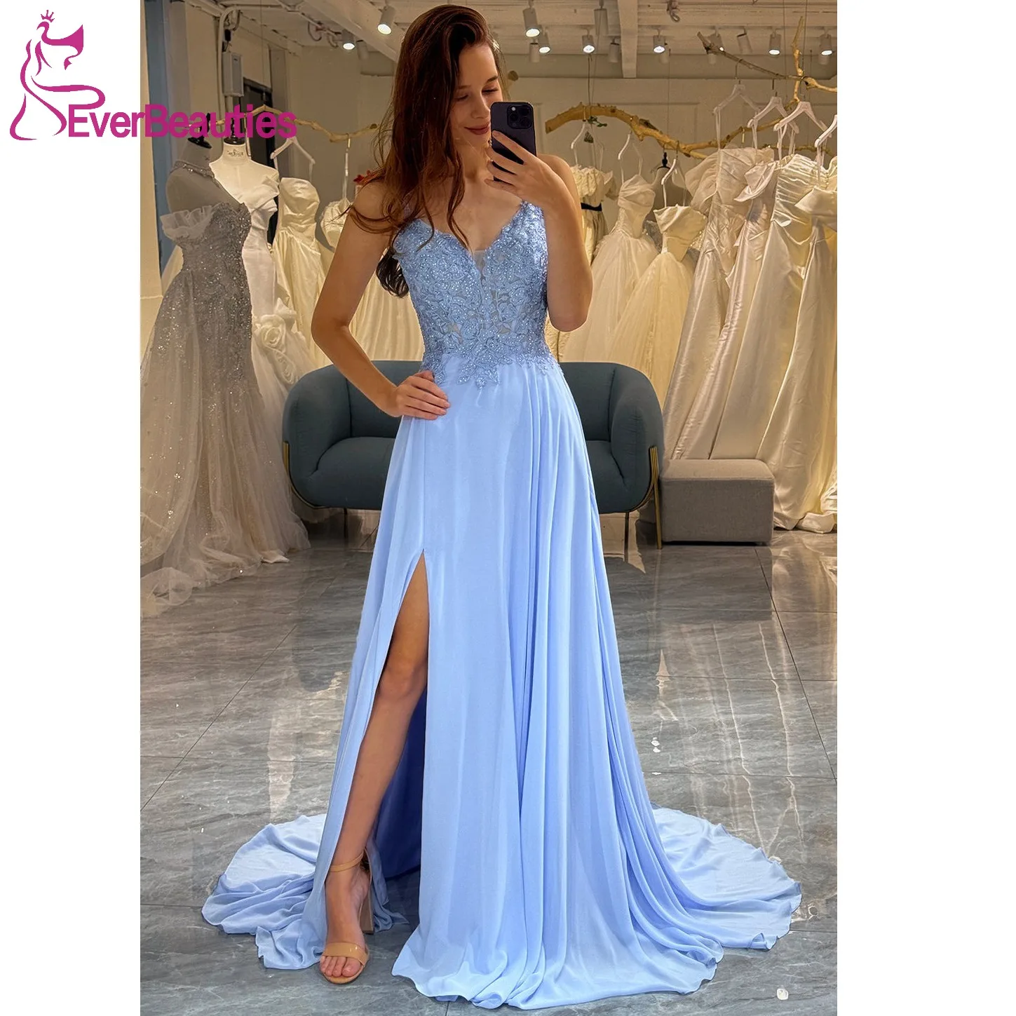 

Vestidos De Fiesta Elegantes Para Long Prom Dress for Women 2024 A-Line Chiffon Lace Formal Party Dress Side Slit Evening Gowns