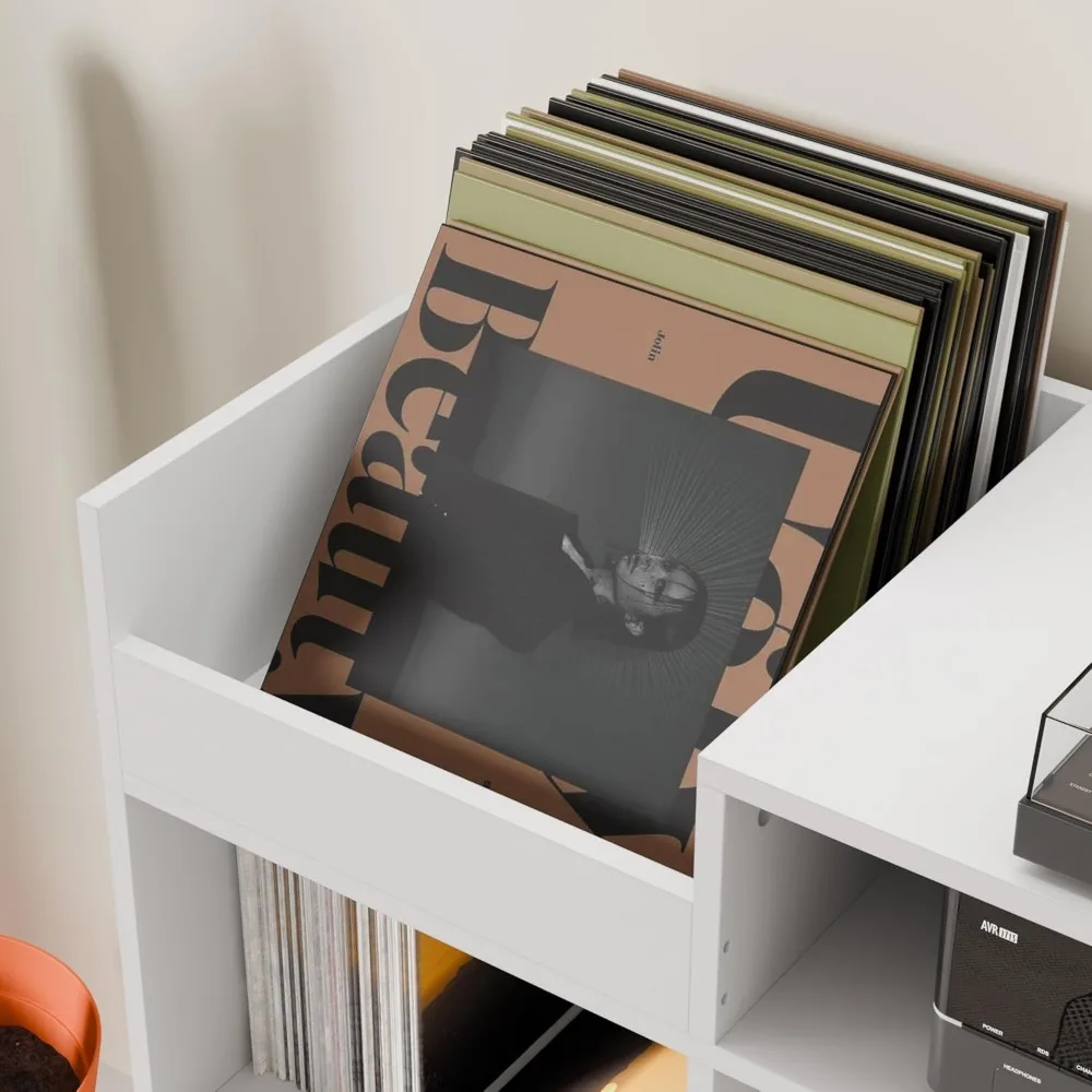 خزانة تخزين من الفينيل الحديثة لمنتصف القرن، حامل مشغل تسجيل كبير، طاولة وحدة تحكم الوسائط مع رف مفتوح #6