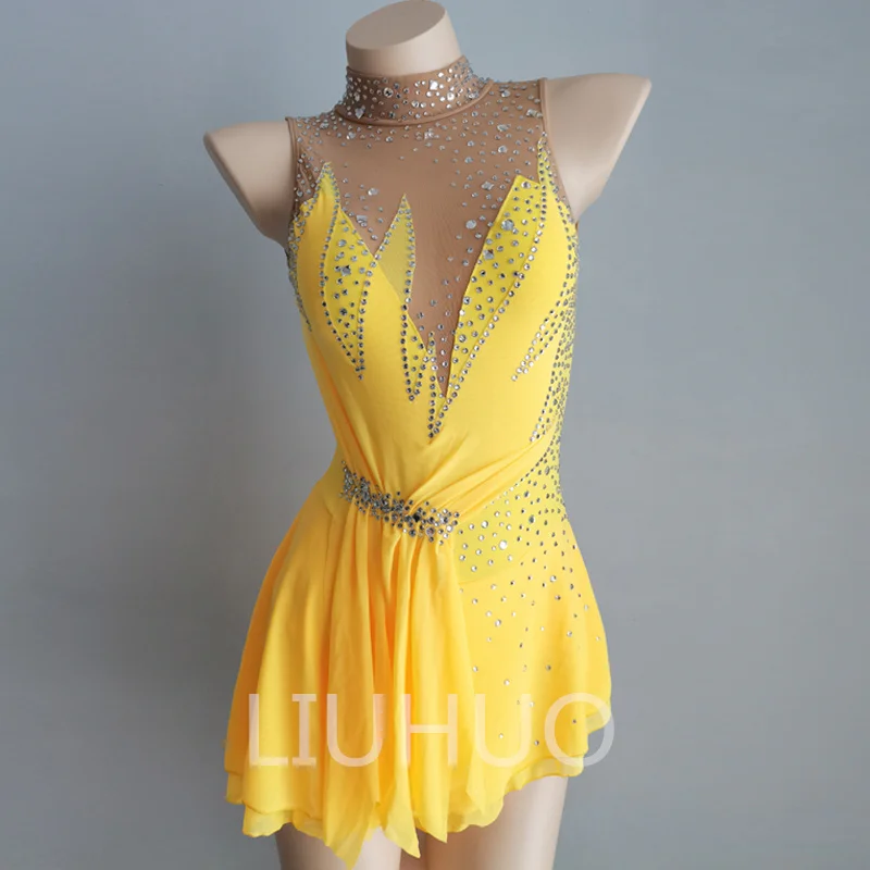 Figure Skating Dress Yellow Mesh Skirt Girls Sleeveless Competition Performance Manufacturers Custom