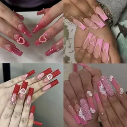 24pcs Valentine's Day false nails pink artificial nails wearable long coffin ballet fake nails with glue press on acrylic nail