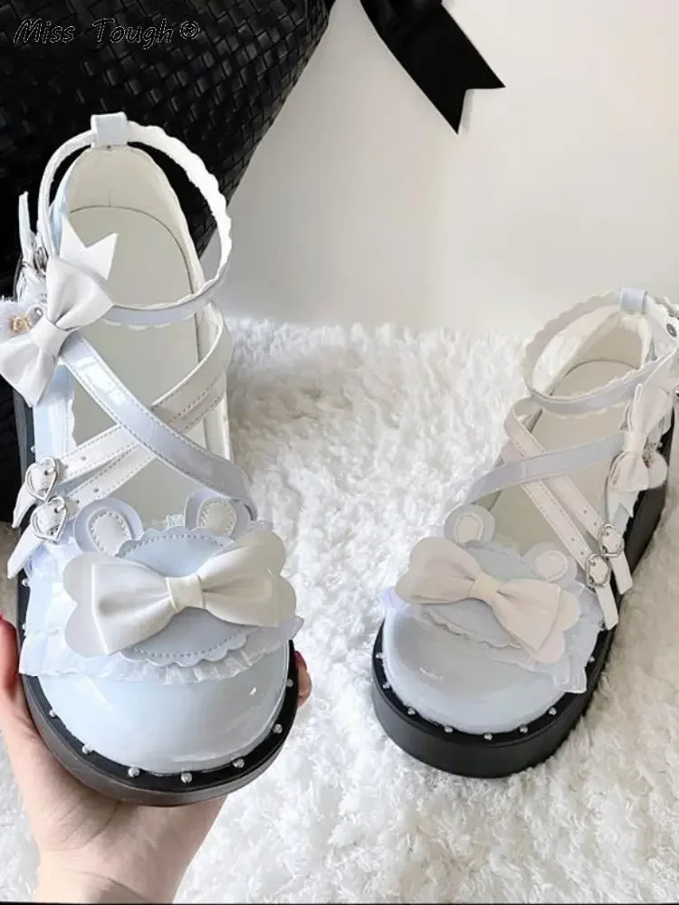 Lolita Sweet Sandals Women Japanese Style Bow Lace Kawaii Mary Janes Shoes Buckle Design Round Toe Casual platform Shoes 2022