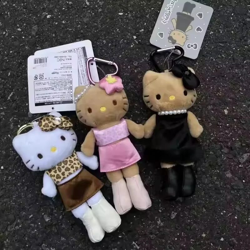 Hot Hello Kitty Keychain Leopard Print Long Legs Plush Doll Kawaii Black Skin Kt Cat Fluffy Stuffed Toy Pendant Birthday Gift