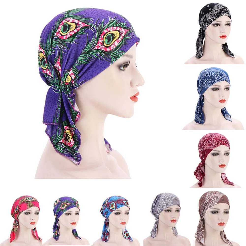 Moslim Vrouwen Zachte Stretch Tulband Hoed Voorgebonden Hoofddoek Wrap Print Kanker Chemo Caps Binnenste Hijabs Beanie Haaraccessoires Mujer