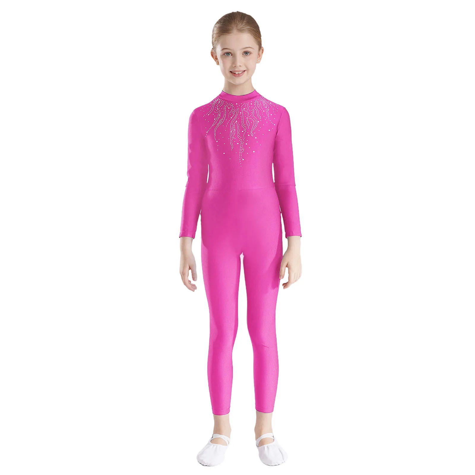 Kids Girls Glittery Rhinestones Ballet Unitards Jumpsuit Gymnastics Artistic Figure Skating Costume Leotards Full Body Suit