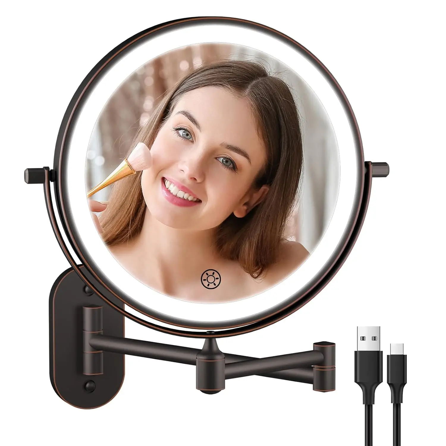 

5000mAh Rechargeable Wall Mounted Makeup Mirror with 3 Color Lighting, Touch Dimming, 360 Rotation