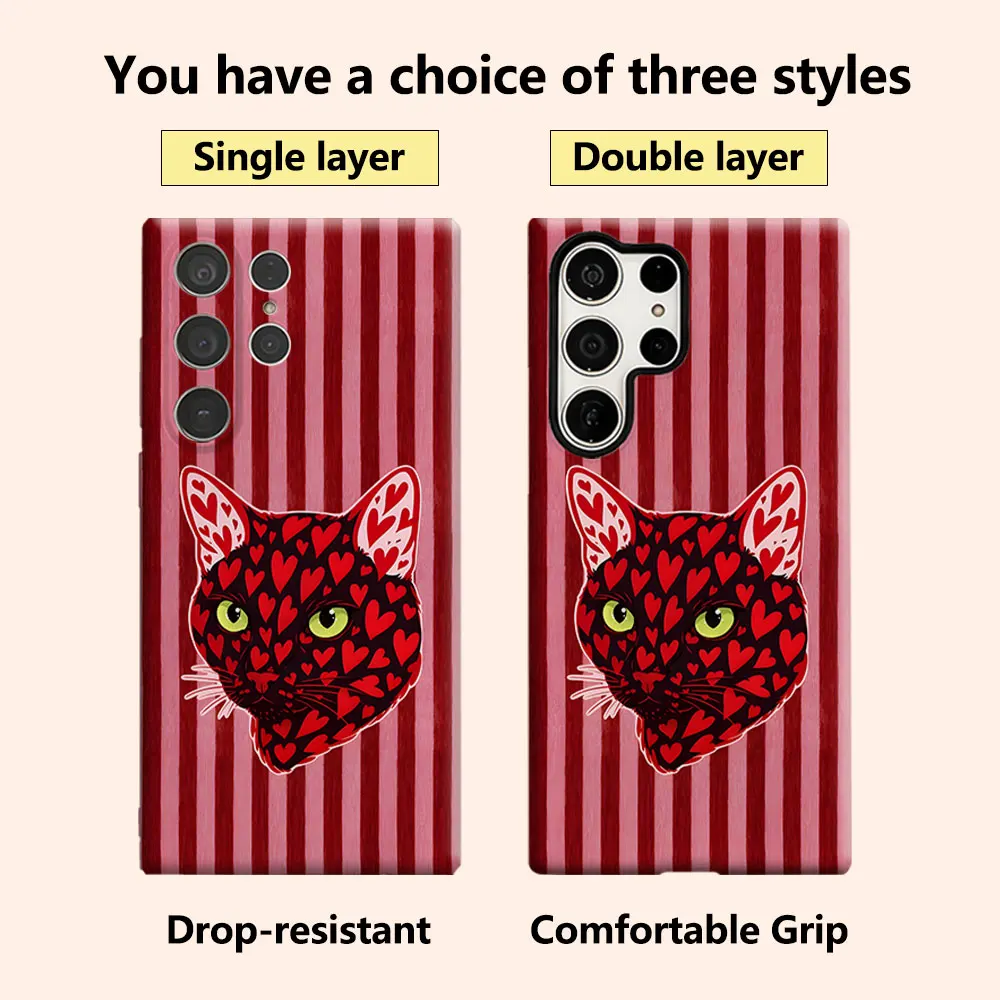 Heart Cat Stripes Luxury Fashion Full Lens Protective Case for Samsung Galaxy S26 S25 S24 A56 A36 Plus Ultra