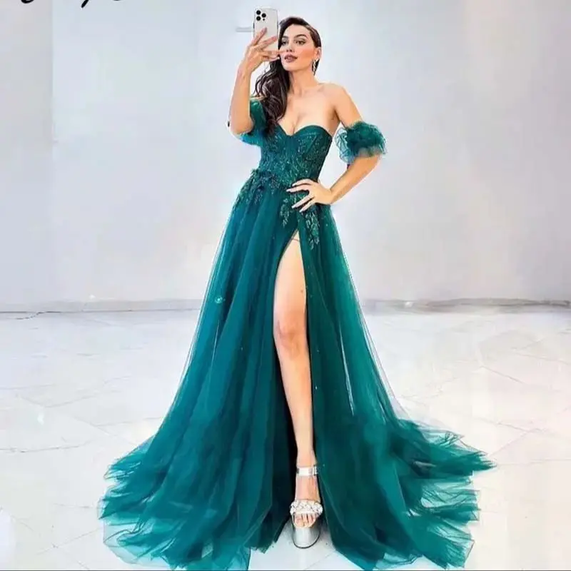 

Short Puffy Sleeve Appliques Strapless Prom Dresses A line With Slit vestidos de noche Floor Length Formal Evening Dress Custom