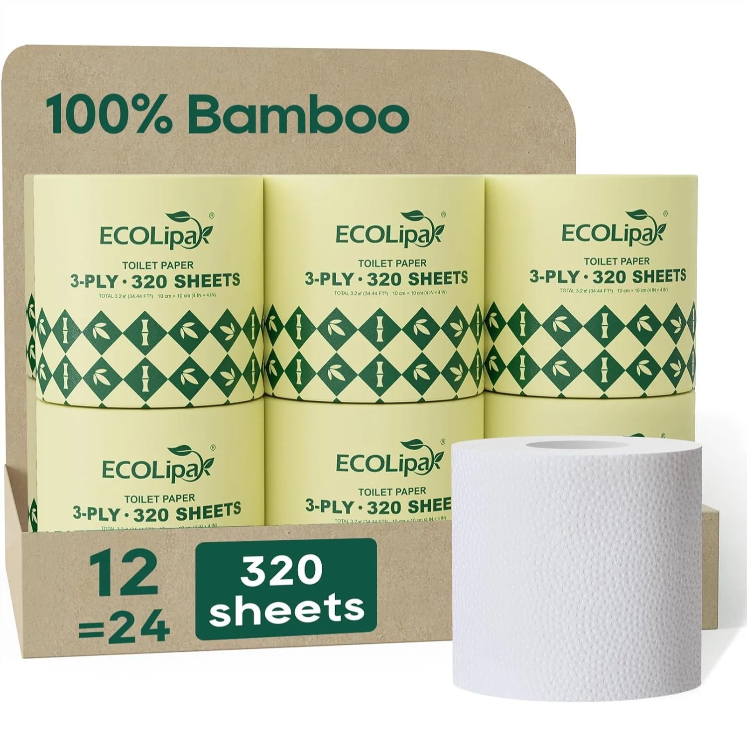 

Bamboo Toilet Paper 3 Ply, Septic Safe, 12 Double Rolls 320 Sheets Each, Soft Absorbent Tree-Free Tissue