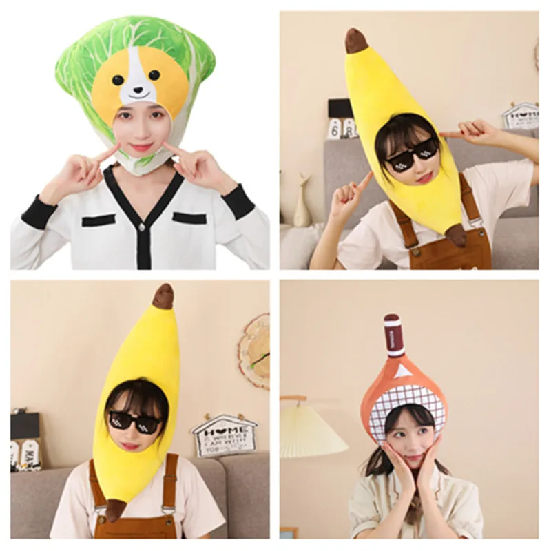 Cartoon Banana Fruits Plush Hat Adult Funny Cabbage Tennis Racket Cosplay Cap Headwear Photo Prop Halloween Costume Accessories