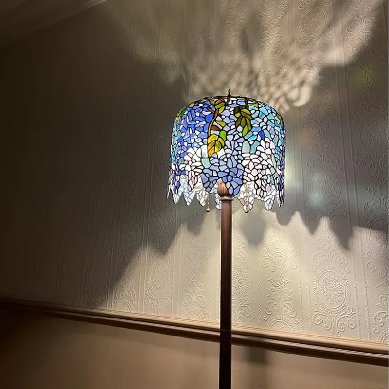 Floor Lamps Flower Glass Art Study Room Reading Lamp Decoration Bedside Retro Stained Glass Floor Light
