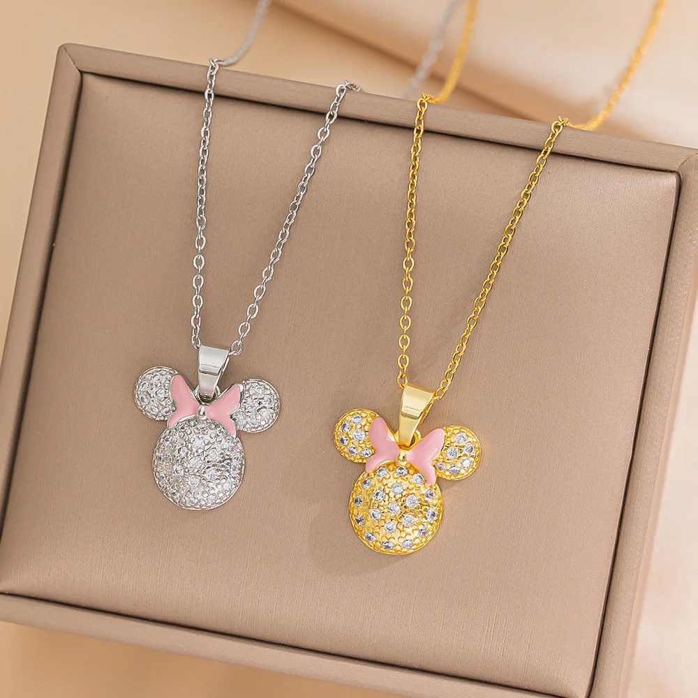 

Disney Pink Bowknot Zircon Minnie Mouse Pendant Necklaces for Women Girls Cartoon Fans Stainless Steel Chain Cute Jewelry Gifts