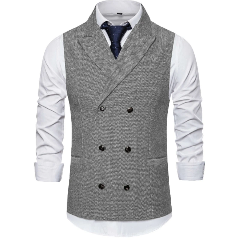 Herringbone Dark Gray Men Vest Double Breasted Buckle Solid Business Casual Waistcoat Regular Slim Banquet Suit Vest