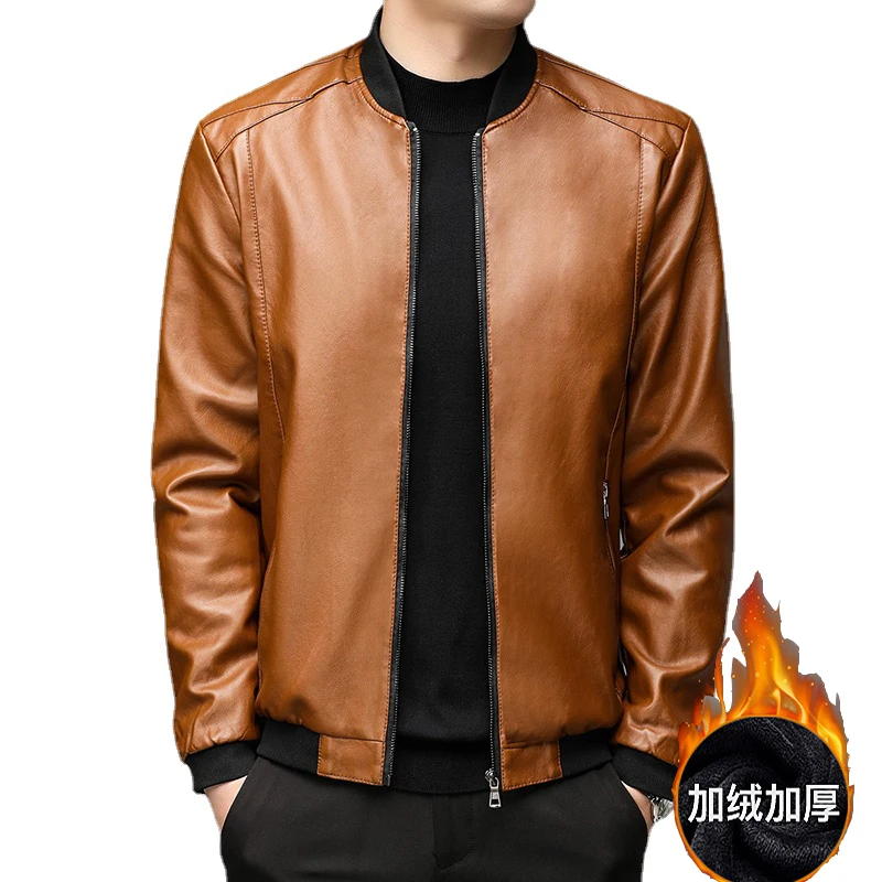 winter PU leather jacket casual men's simple slim baseball collar artificial leather jacket handsome warm leather jacket for men