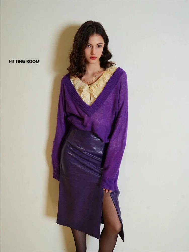 

Moss Ye Camere Silk Deep V-Ne Soft Silhouette Sweater Cus-Dyed Purple Women's Casual Sle Faion Online Exclusive