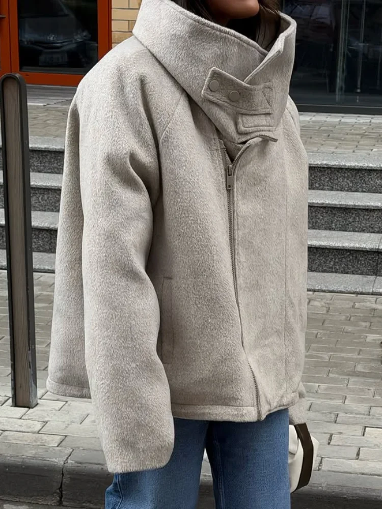 Lady Fall Winter Big Lapel Wool Blend Jacket Zip Up Loose Oversized Short Coat 2026 Thick Warm Fashion New Casual Street Outfit
