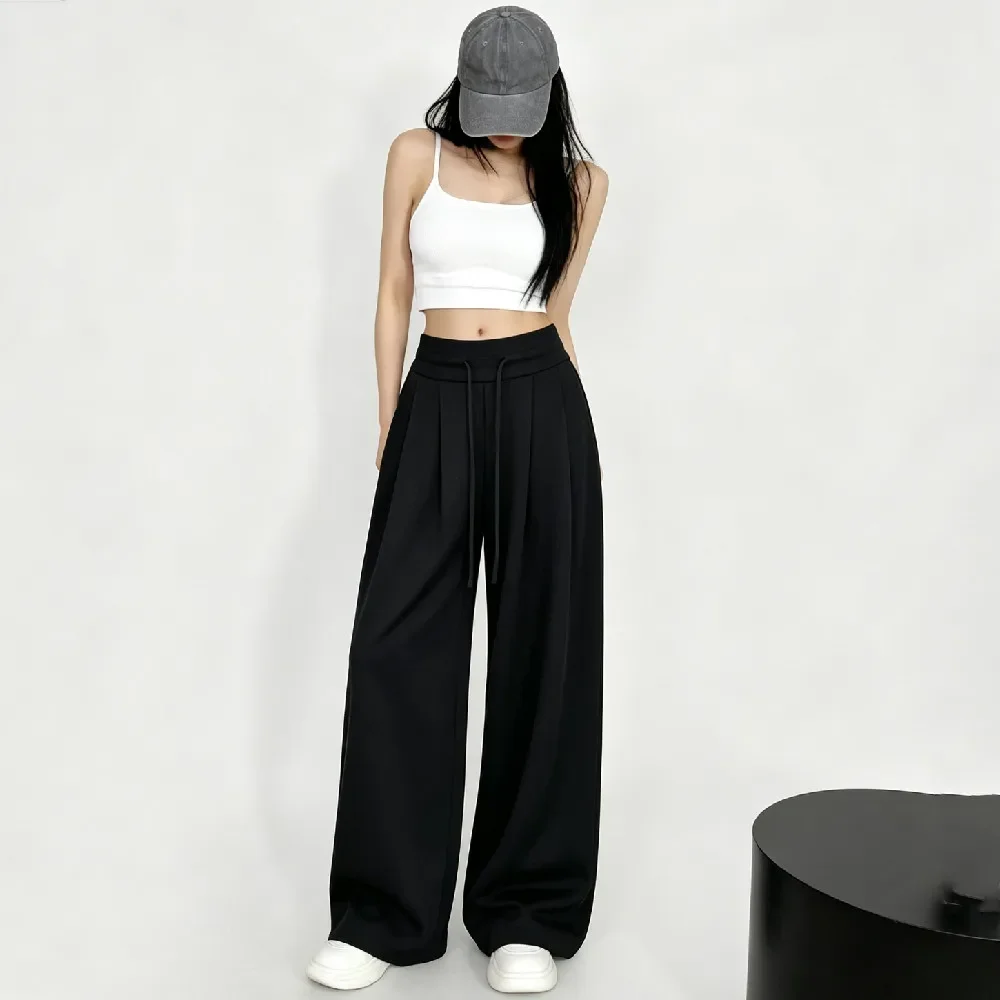 Autumn Women Drawstring Elastic High Waist Fold Front Wide Leg Pants Loose Big Straight Sweats Trousers Causal Bottom Gray White