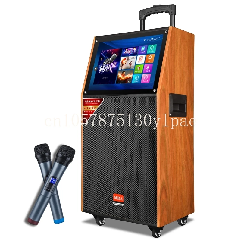 For Outdoor Indoor Karaoke Video Speaker Trolley Wooden Speaker WiFi with LED Screen Wireless Microphone