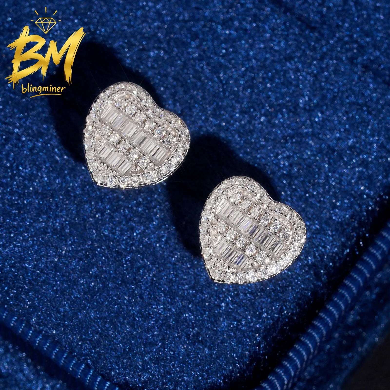Blingminer Luxury Baguette Heart VVS Moissanite Earrings For Men Women S925 Silver Ear Studs Jewelry Pass Diamonds Tester GRA