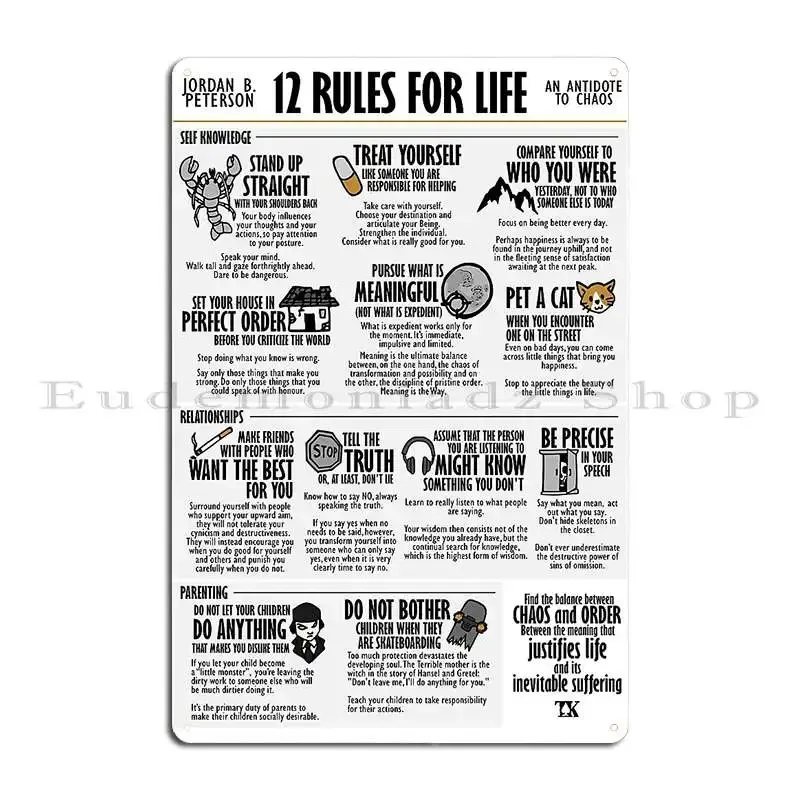 12 Rules For Life Visual Book Jordan B Peterson Metal Sign Classic Retro Living Room Printed Club Party Tin Sign Poster