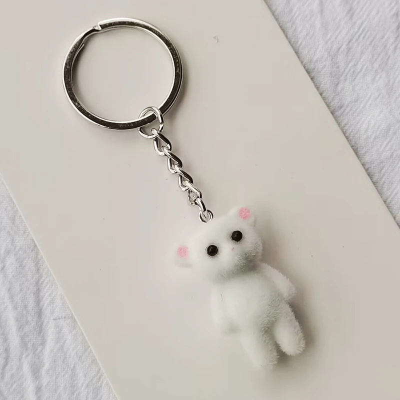 1Pc 3D Cartoon Flocking Bear Keychain for Men and Women, Kawaii Animal Key Ring, Key Chains, Souvenir Gifts, Car Keys, DIY Jewel