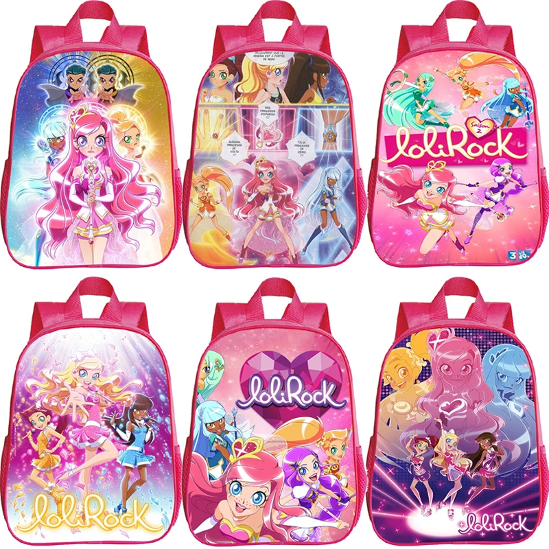 12 Inch Pink Backpack Anime LoliRock Print Schoolbag for Girls Kindergarten Bookbag Cartoon Preschool Waterproof Kids Backpacks